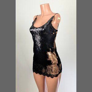 Intimately by Free People Black and Gold Sequin Micro Mini Dress lace hem v-neck